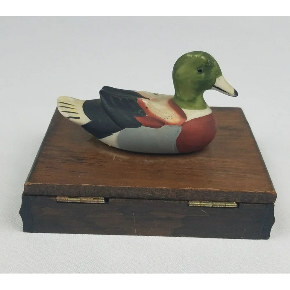 Vtg wood playing card holder box ceramic mallard duck decor farmhouse cottage